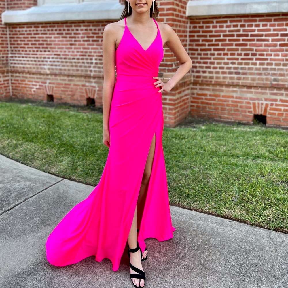 Fuchsia V-Neck Spaghetti Strap Prom Gown with High Side Slit